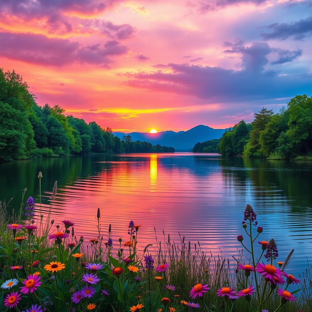 A full vibrant landscape scene featuring the sun setting over a serene lake surrounded by lush green trees