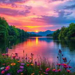 A full vibrant landscape scene featuring the sun setting over a serene lake surrounded by lush green trees