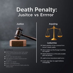 An eye-catching argument poster titled "Death Penalty: Justice vs Error" crafted with a realistic and neutral aesthetic