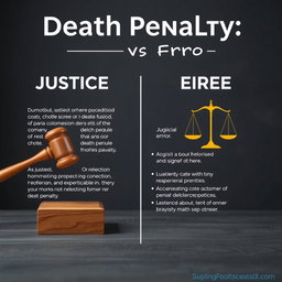 An eye-catching argument poster titled "Death Penalty: Justice vs Error" crafted with a realistic and neutral aesthetic