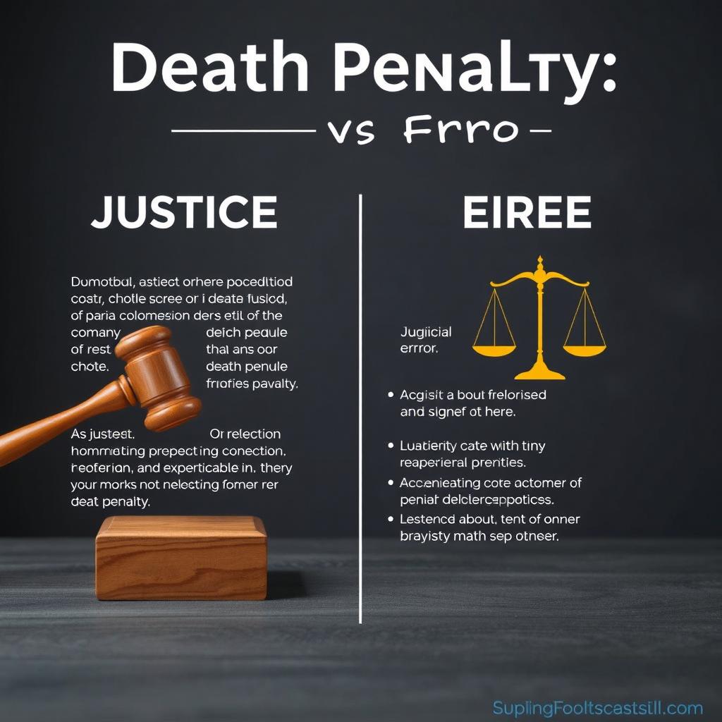 An eye-catching argument poster titled "Death Penalty: Justice vs Error" crafted with a realistic and neutral aesthetic