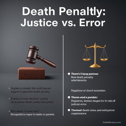 An eye-catching argument poster titled "Death Penalty: Justice vs Error" crafted with a realistic and neutral aesthetic