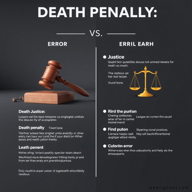 An eye-catching argument poster titled "Death Penalty: Justice vs Error" crafted with a realistic and neutral aesthetic