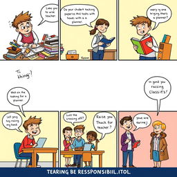 A vibrant comic strip illustrating the journey of a student learning to be responsible in school