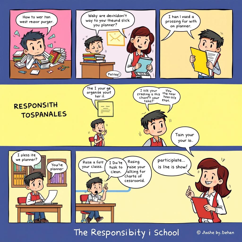 A vibrant comic strip illustrating the journey of a student learning to be responsible in school