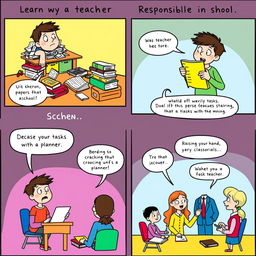A vibrant comic strip illustrating the journey of a student learning to be responsible in school