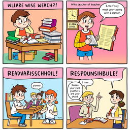A vibrant comic strip illustrating the journey of a student learning to be responsible in school