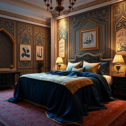 A beautifully decorated bedroom with an Islamic theme, featuring intricate geometric patterns and elegant arabesque designs on the walls