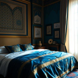 A beautifully decorated bedroom with an Islamic theme, featuring intricate geometric patterns and elegant arabesque designs on the walls