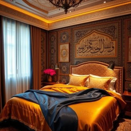 A beautifully decorated bedroom with an Islamic theme, featuring intricate geometric patterns and elegant arabesque designs on the walls