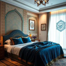 A beautifully decorated bedroom with an Islamic theme, featuring intricate geometric patterns and elegant arabesque designs on the walls