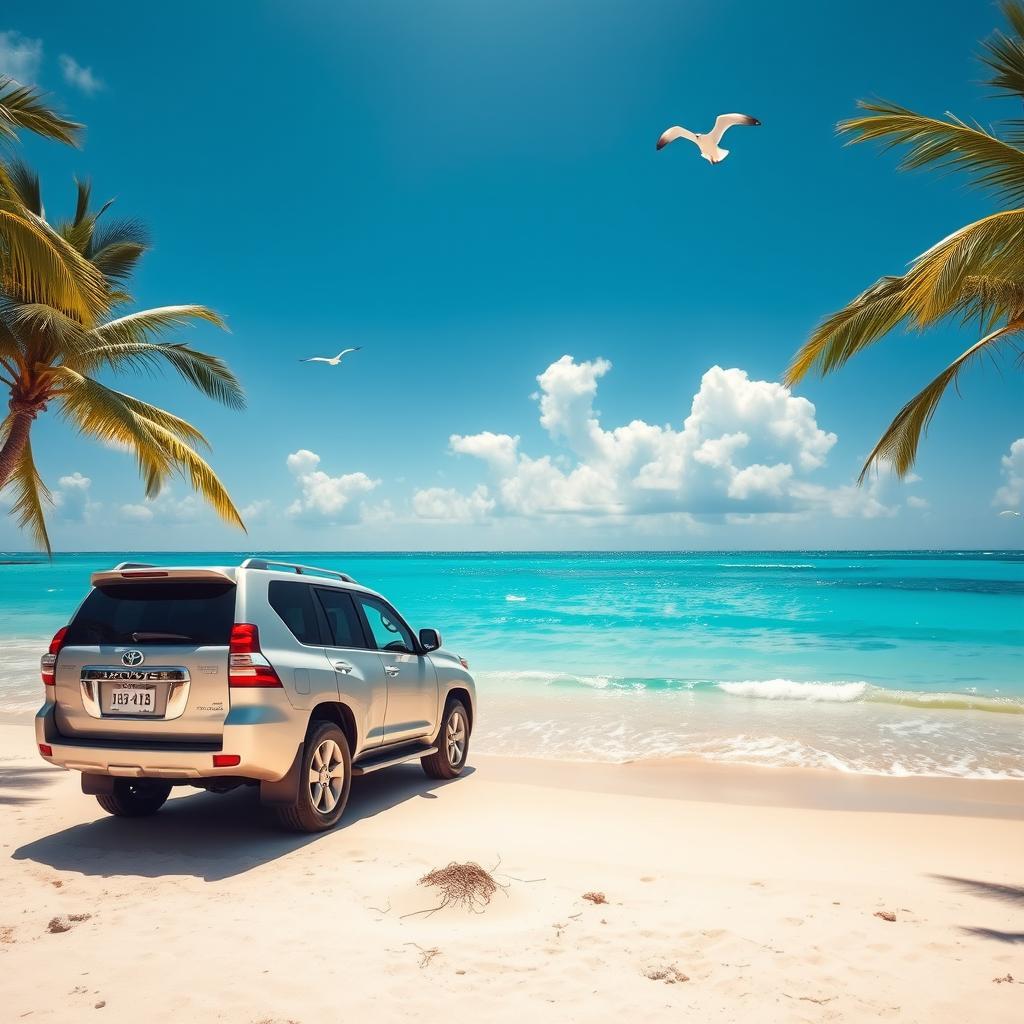 A serene beach scene with crystal-clear turquoise waters gently lapping against the shore