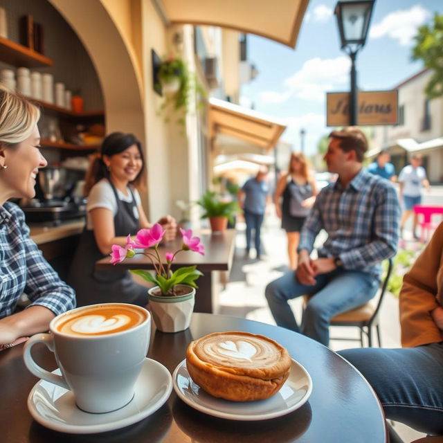 A friendly and inviting scene showing a cozy café on a sunny day, with people enjoying their time