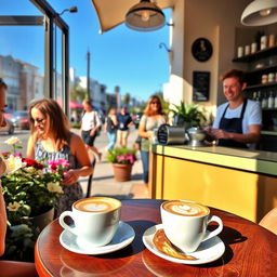 A friendly and inviting scene showing a cozy café on a sunny day, with people enjoying their time