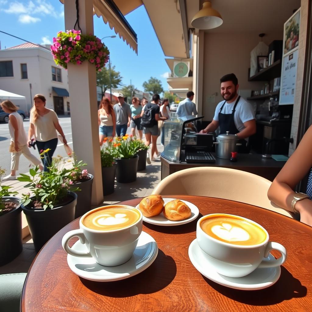 A friendly and inviting scene showing a cozy café on a sunny day, with people enjoying their time