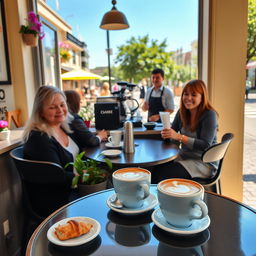 A friendly and inviting scene showing a cozy café on a sunny day, with people enjoying their time