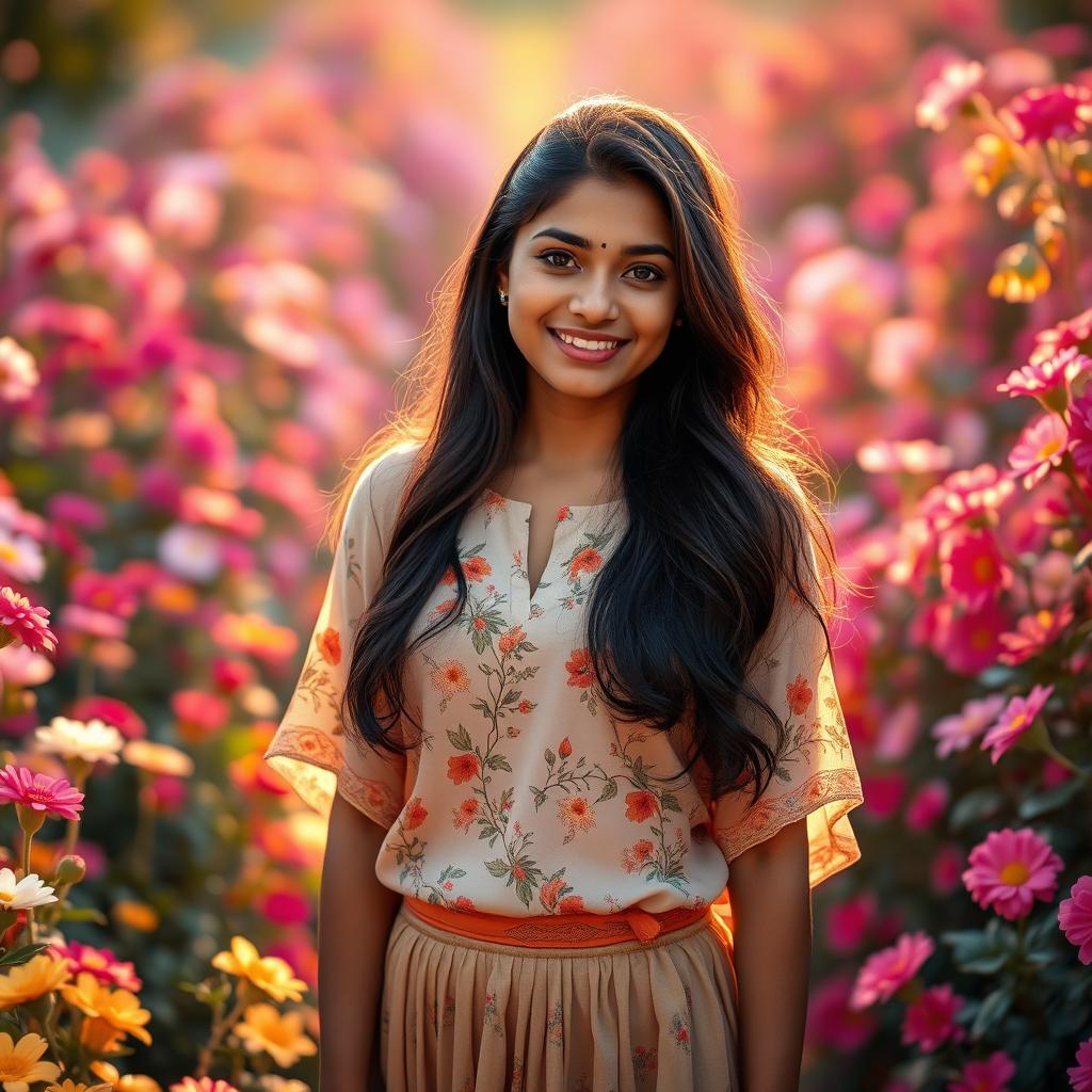 A photorealistic image of a young Indian woman with long, dark hair, wearing a floral blouse and a matching skirt, standing gracefully in a vibrant garden filled with an abundance of blooming flowers in various colors