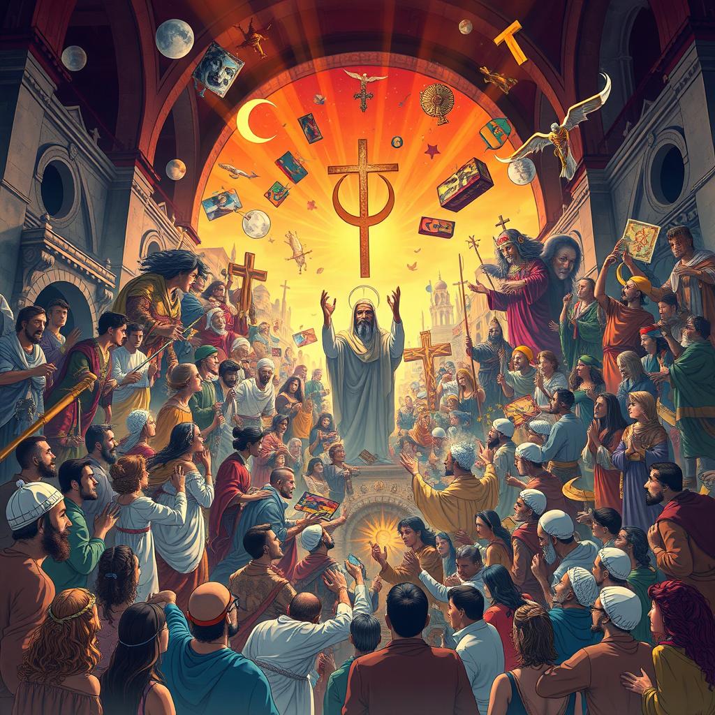 A thought-provoking illustration depicting the themes of 'Seitas e Heresias' (Sects and Heresies), featuring a vibrant, chaotic scene of diverse figures representing varied religious beliefs, some engaged in passionate debates while others are in contemplative silence