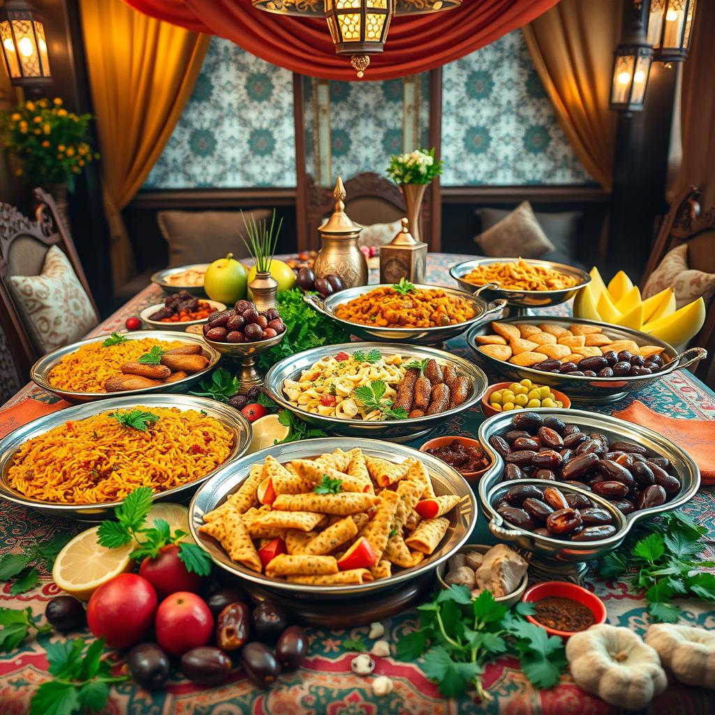 A beautifully arranged display of traditional Muslim food, featuring a colorful assortment of dishes including biryani, kebabs, samosas, and various types of olives