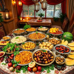 A beautifully arranged display of traditional Muslim food, featuring a colorful assortment of dishes including biryani, kebabs, samosas, and various types of olives