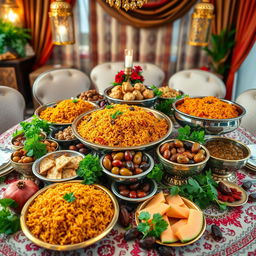 A beautifully arranged display of traditional Muslim food, featuring a colorful assortment of dishes including biryani, kebabs, samosas, and various types of olives