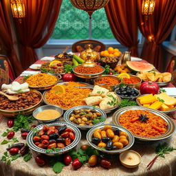 A beautifully arranged display of traditional Muslim food, featuring a colorful assortment of dishes including biryani, kebabs, samosas, and various types of olives