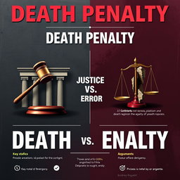 A visually striking argument poster titled "Death Penalty: Justice vs Error" featuring a unique and realistic design