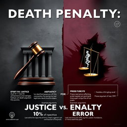A visually striking argument poster titled "Death Penalty: Justice vs Error" featuring a unique and realistic design