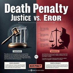 A visually striking argument poster titled "Death Penalty: Justice vs Error" featuring a unique and realistic design