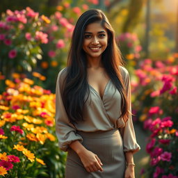 A photorealistic image of a young Indian woman with long, dark hair, wearing a cleavage blouse and a stylish skirt, standing elegantly in a beautiful garden brimming with an array of blooming flowers in vibrant colors