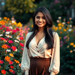 A photorealistic image of a young Indian woman with long, dark hair, wearing a cleavage blouse and a stylish skirt, standing elegantly in a beautiful garden brimming with an array of blooming flowers in vibrant colors