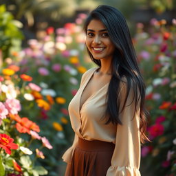 A photorealistic image of a young Indian woman with long, dark hair, wearing a cleavage blouse and a stylish skirt, standing elegantly in a beautiful garden brimming with an array of blooming flowers in vibrant colors
