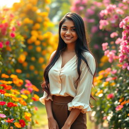 A photorealistic image of a young Indian woman with long, dark hair, wearing a cleavage blouse and a stylish skirt, standing elegantly in a beautiful garden brimming with an array of blooming flowers in vibrant colors
