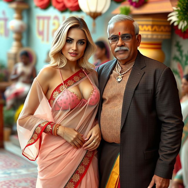 A hot blonde woman wearing a sexy translucent saree that gently hugs her curves, paired with a chic bikini blouse that highlights her cleavage, big breasts, and navel