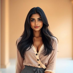 A photorealistic image of a young Indian woman with long, dark hair, dressed in a stylish cleavage blouse paired with a fashionable skirt, showcasing her confident pose