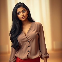 A photorealistic image of a young Indian woman with long, dark hair, dressed in a stylish cleavage blouse paired with a fashionable skirt, showcasing her confident pose