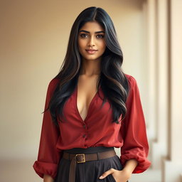 A photorealistic image of a young Indian woman with long, dark hair, dressed in a stylish cleavage blouse paired with a fashionable skirt, showcasing her confident pose