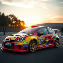 A Citroen AX GT sports car designed to look like a Xsara Kit car, featuring vivid paintwork with bold colors and racing stripes