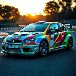 A Citroen AX GT sports car designed to look like a Xsara Kit car, featuring vivid paintwork with bold colors and racing stripes