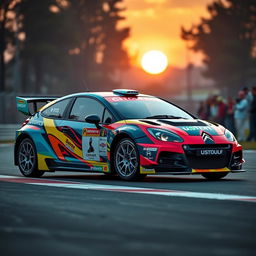 A Citroen AX GT sports car designed to look like a Xsara Kit car, featuring vivid paintwork with bold colors and racing stripes