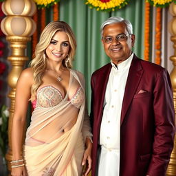 A hot blonde woman wearing a sexy translucent saree that elegantly drapes over her curves, paired with a bikini blouse showcasing her ample cleavage, big breasts, and navel