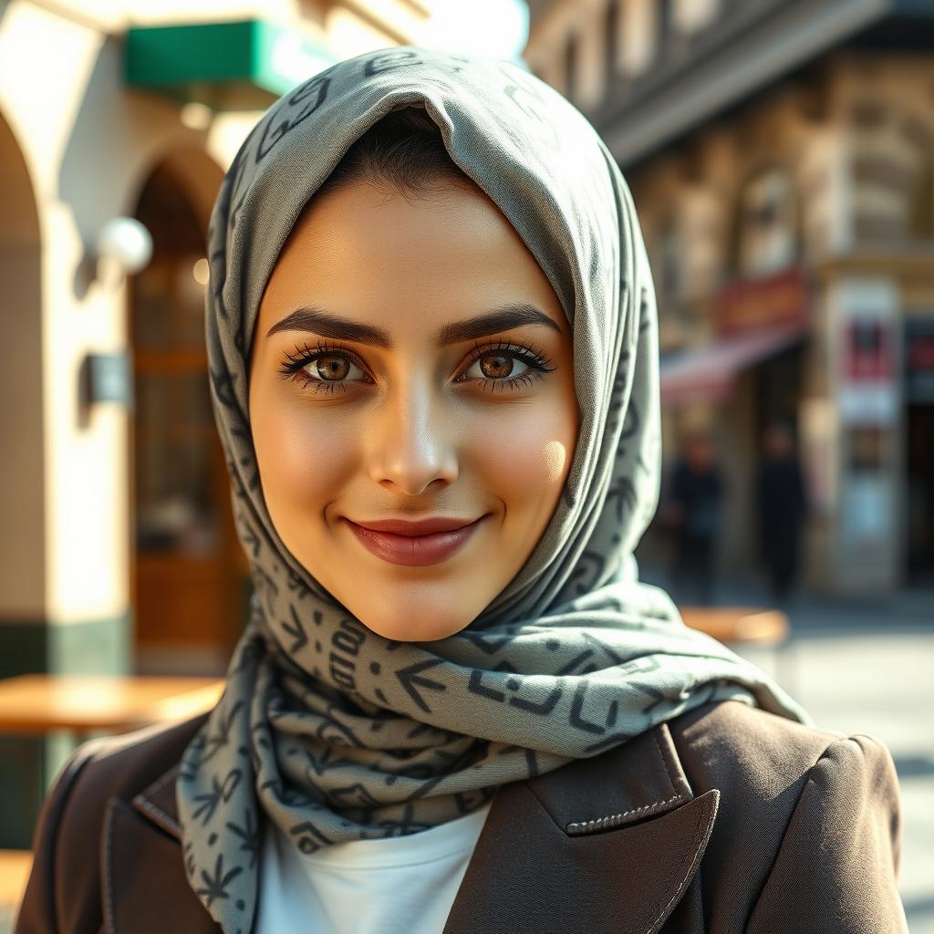 A realistic portrait of a modern-day hijabi Iranian woman, showcasing her stylishly wrapped hijab in a contemporary pattern that complements her outfit