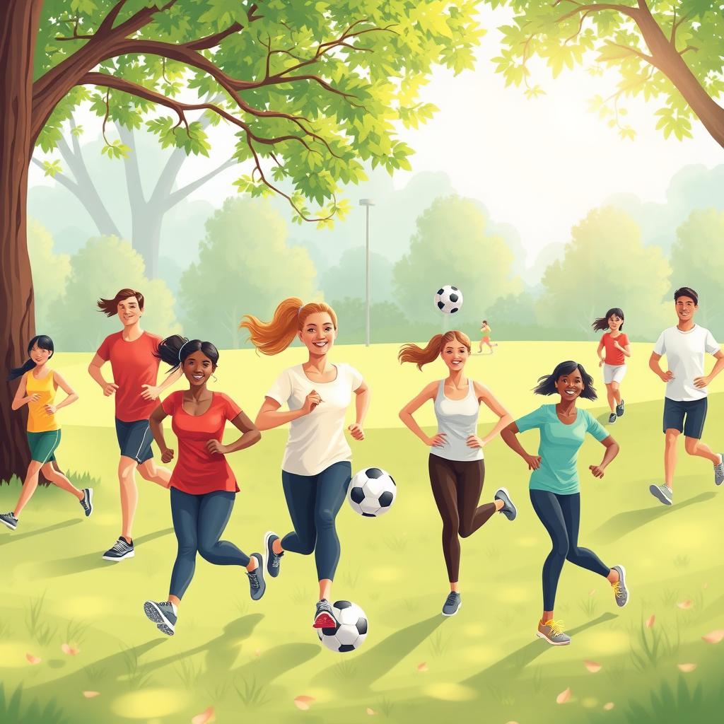 Explore the role of sports in stress management, illustrating a vibrant scene of athletes engaging in various sports like running, soccer, and yoga in a serene park setting