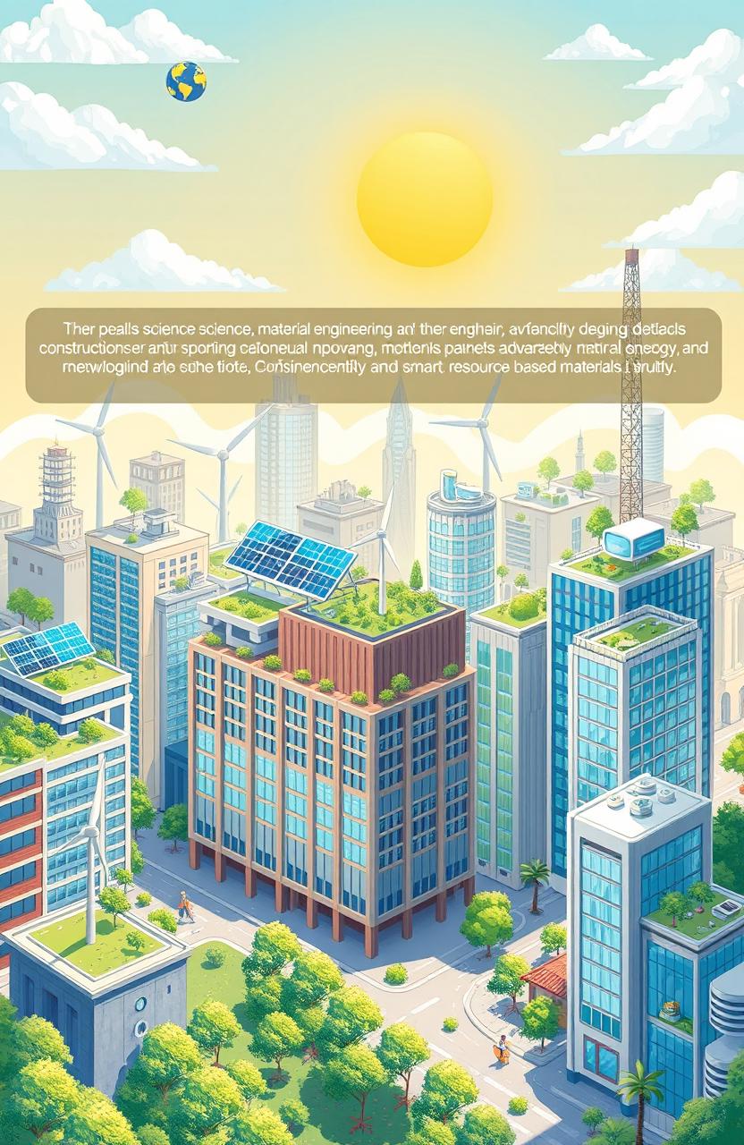 A visually engaging illustration showcasing the intersection of material science, material engineering, and renewable energy technologies