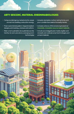 A visually engaging illustration showcasing the intersection of material science, material engineering, and renewable energy technologies