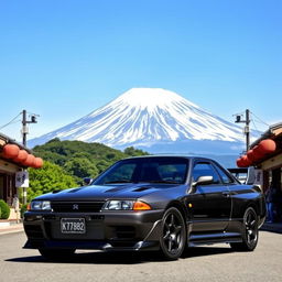 A Nissan Skyline GTR R32, sleek and powerful, parked in front of the majestic Mount Fuji