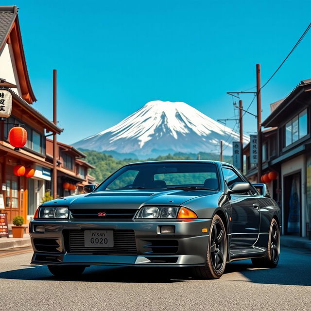 A Nissan Skyline GTR R32, sleek and powerful, parked in front of the majestic Mount Fuji