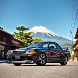 A Nissan Skyline GTR R32, sleek and powerful, parked in front of the majestic Mount Fuji
