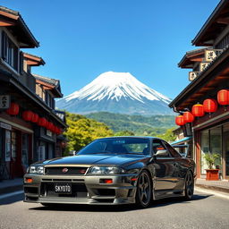 A Nissan Skyline GTR R32, sleek and powerful, parked in front of the majestic Mount Fuji