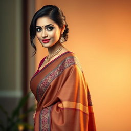 A photorealistic image of an elegant woman wearing a beautifully draped saree that accentuates her curves, including a well-fitted blouse